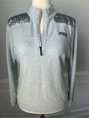 Vineyard Vines ShepShirt Light Gray Sequin-Shoulder Quarter-Zip Pullover